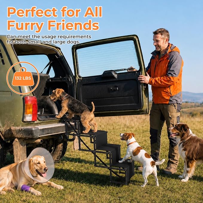 Dog Stairs for Large Dogs,4-Step Foldable Dog Ramp for Car with Non-Slip Surface & Oxford Fabric,Portable & Lightweight Pet Stairs for SUV,Truck,Bed & Couch,Supports up to 132 lbs (Green)