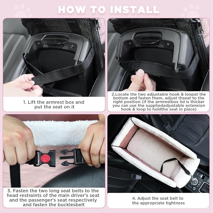 Center Console Dog Car Seat for Small Dogs,PU Leather Small Dog Car Booster Seat,Washable Foldable with Safe Protection Hooks Adjustable Straps and Storage Pocket Pet Up to 15lbs-Pink