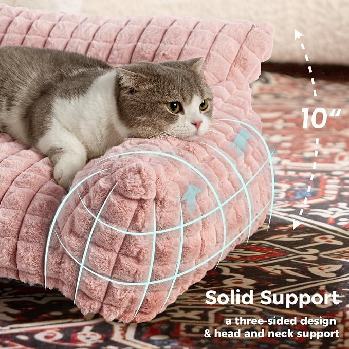 Cute Small Dog Couch Bed – Supportive & Fluffy Pet Sofa with Faux Rabbit Fur Washable Cover in 3D Diamond Pattern, 30" Pink