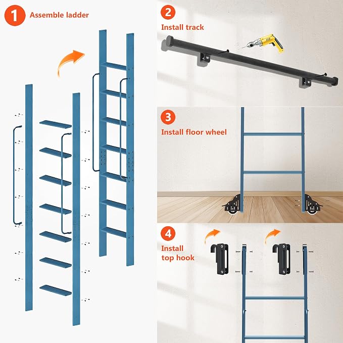 DIYHD 96" Rolling Library Ladder with Handrail, 4FT Sliding Rail, Blue | 8-Step lightweight ladder with space-saving upright storage, Telescopic top hooks, Locking bottom rollers, 300lbs capacity