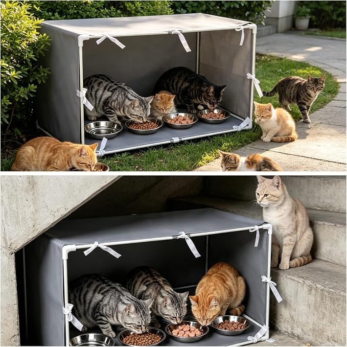 Outdoor Cat Feeding Station with 4 Bowls, Waterproof Cat Dining Room Covered for Multiple Stray, Feral Cats, Dogs, Care for Stray Animals, Large 35"x 17"x 17"