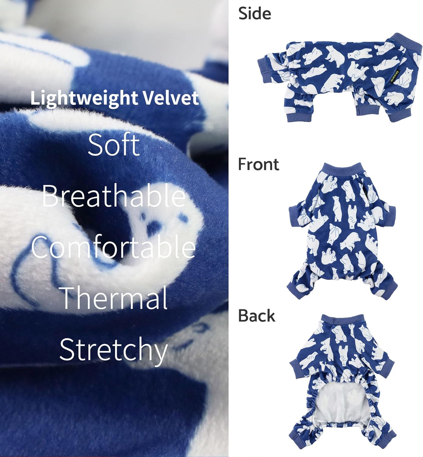 Fitwarm Polar Bear Dog Pajamas, Dog Clothes for Small Dogs Girl Boy, Pet Onesie with Feet, Cat Outfit, Lightweight Velvet, Royal Blue, White, XXL