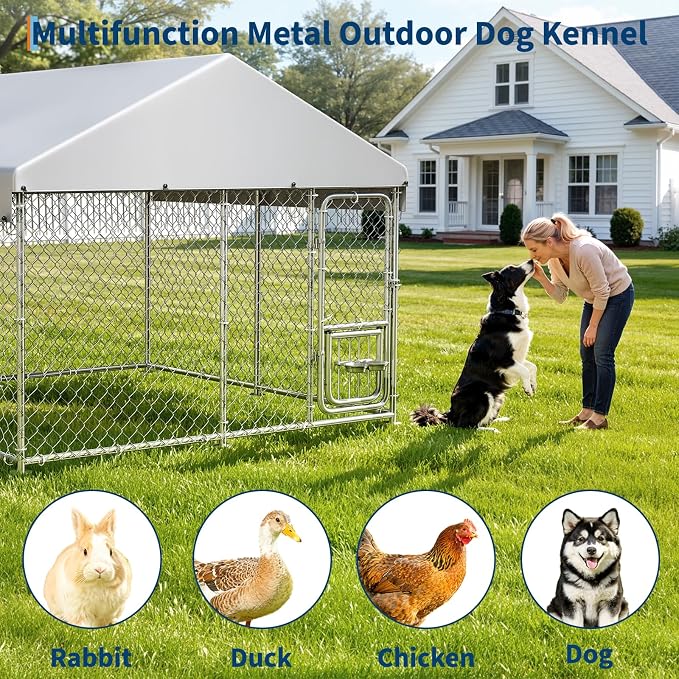 GarveeLife Dog Kennel Outdoor with Waterproof Cover, Outdoor Dog Enclosure with 360° Rotating Feeding Bowls, Dog Kennel Outside for Backyard, 7.5ftx7.5ftx6.6ft
