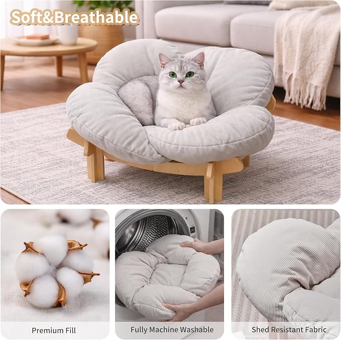 Elevated Wooden Cat Bed with Fluffy Removable Cushion, Modern Petal Shaped Cat Couch Sofa for Indoor Cats Small Dogs 40lbs Capacity Easy to Assemble (White)