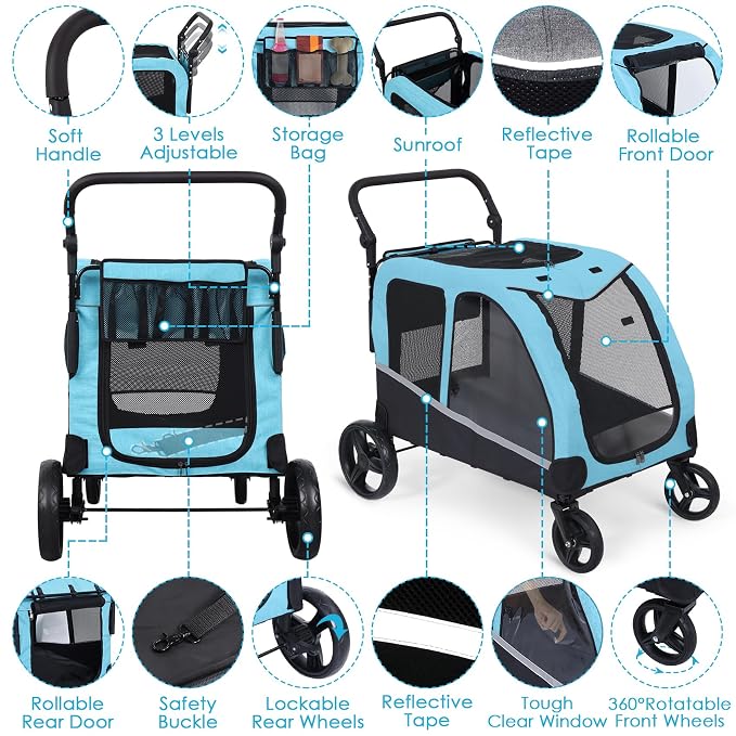 Saudism Dog Stroller for Large Dogs, Extra Large Pet Stroller for Medium Dogs, Dog Wagon Carriage, Foldable Design, Adjustable Handle, with Pocket, Up to 130 lbs, Blue