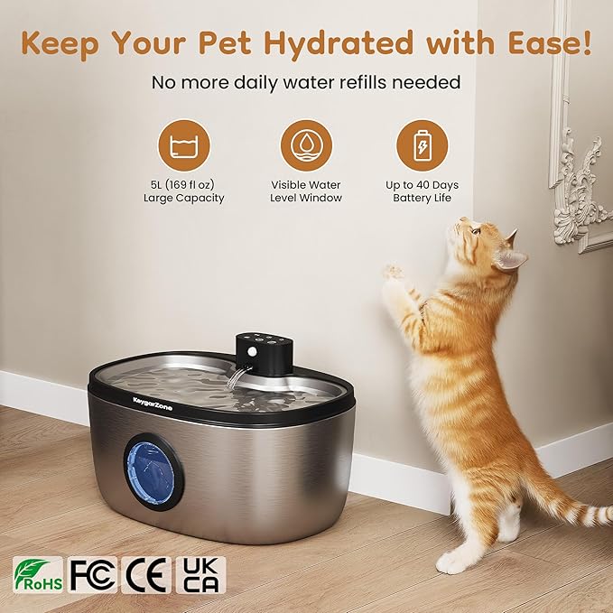 Wireless Cat Water Fountain Stainless Steel: 5L Stainless Steel Pet Water Fountain for Cats & Dogs Indoor, Automatic Battery Operated Cat Water Fountain, Ultra-Quiet Cat Water Dispenser with Filter
