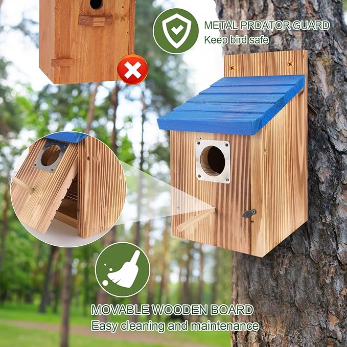 4-Piece Outdoor Bird House Set, Bird Houses for Outside with Metal Guards, Safety Locks, Flight Slots, & Ventilation, Bluebird Houses with 1-1/2" Entrance for Bluebirds, Wrens, Finches-Blue