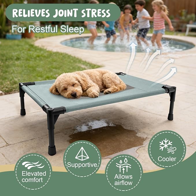 Elevated Dog Bed for Large Dogs - Outdoor Cooling Cot with Washable Breathable Mesh, Portable Raised Pet Bed with Non-Slip Feet & Waterproof Teslin, Heavy Duty & Chew Proof for Camping (Grey, Medium)