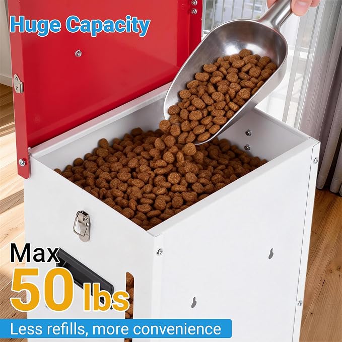 Automatic Dog Feeder - 50LBS Capacity Auto Gravity Dispenser | Powder Coated Dog Feeder, Waterproof for Indoor & Outdoor Use, 16.1"L x 12.2"W x 27.8"H, Red and White