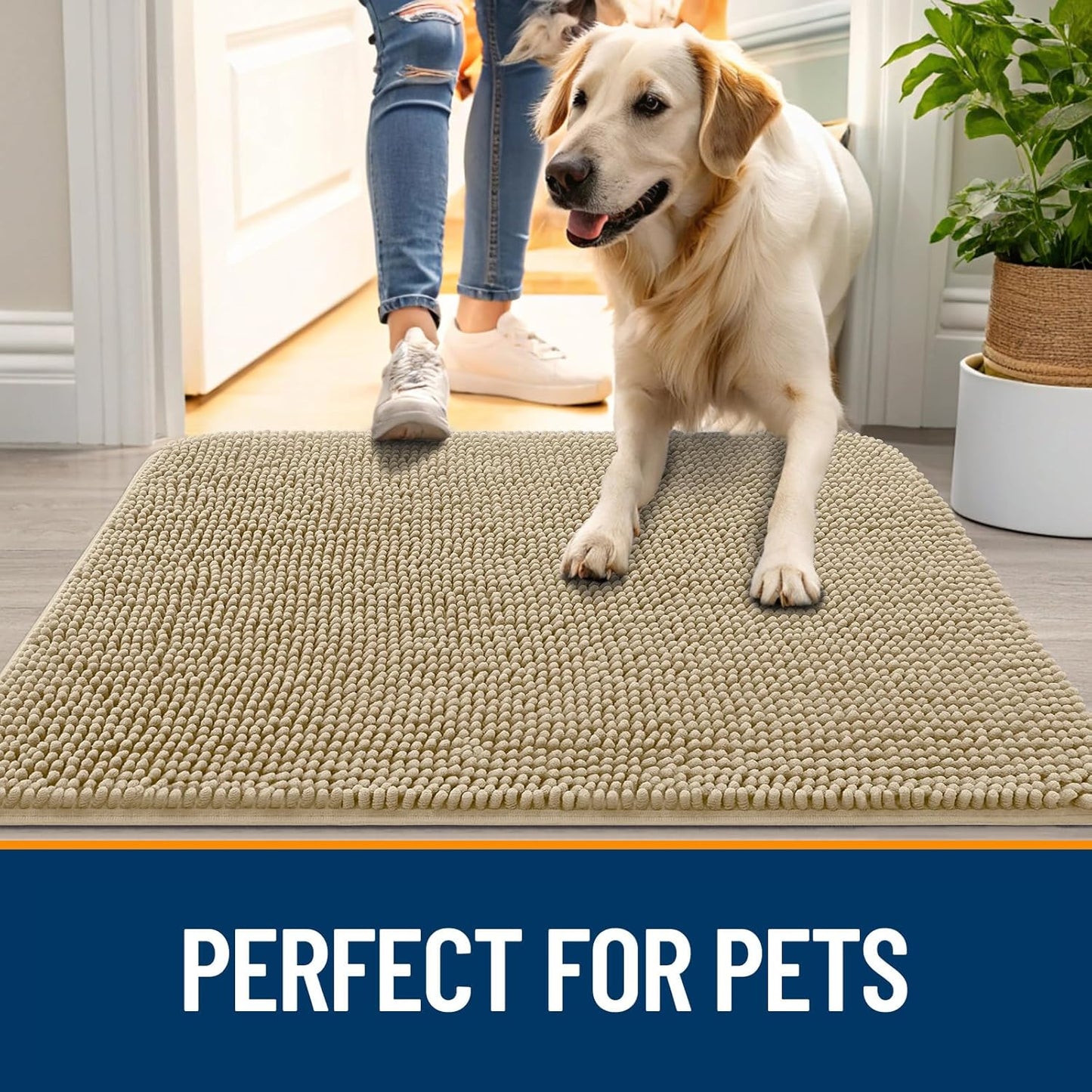 OLANLY Dog Door Mat for Muddy Paws 47x32, Absorbs Moisture and Dirt, Absorbent Non-Slip Washable Doormat, Quick Dry Chenille Mud Mat for Dogs, Entry Indoor Entryway Carpet for Inside Floor, Beige