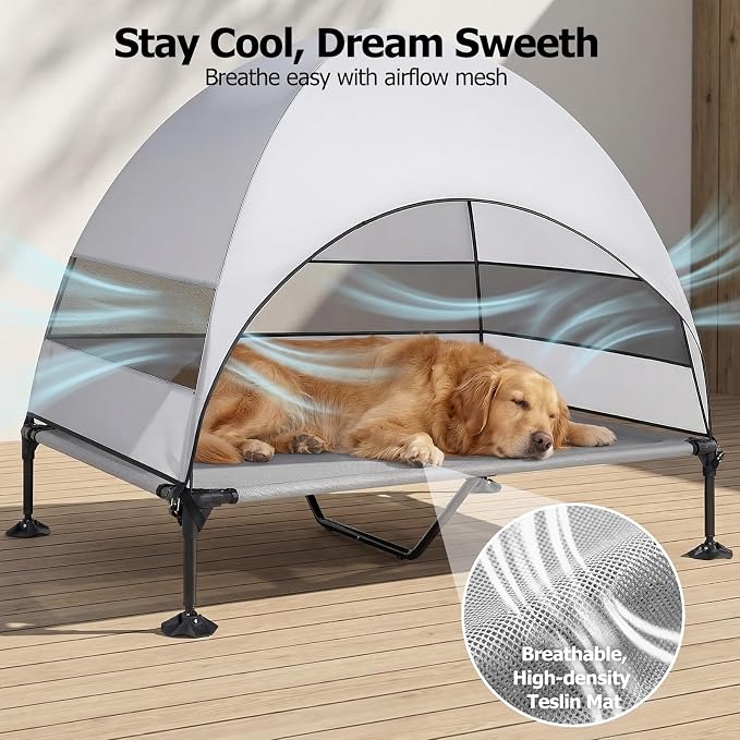 Elevated Dog Bed with UV-Proof Canopy, Outdoor Dog Tent with Powerful Adjustable Feet, Portable Pet Cot with Wider Shade, Raised Cooling Bed for Camping, Patio, Beach, Poolside