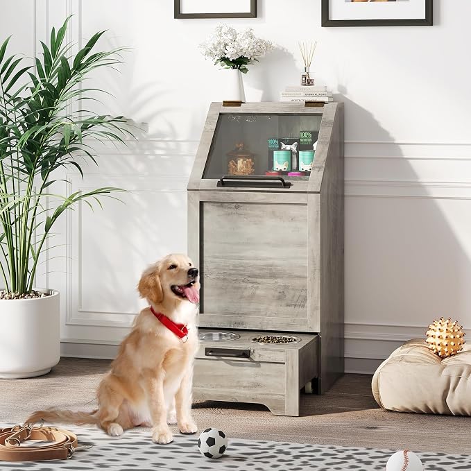 Garvee Dog Feeding Station with 2 Elevated Bowls, Grey | Dog Food Storage Cabinet, Flip Top Pet Feeding Station, Food Storage Container, Pet Toy Organizer