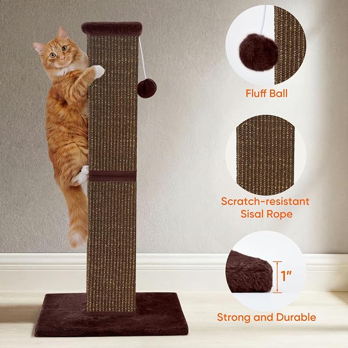 Cat Scratching Post 32 Inch for Indoor Large Cats and Kitten, Nature Sisal Tall Cat Scratch Post, Sisal Cat Scratcher Improve Cat's Scratching Habits and Protect Your Furniture, Full Brown