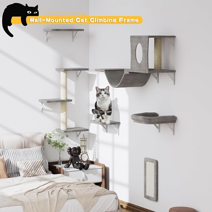 NUNU LAB Wall Mounted Cat Furniture Set - 6 Pcs Climber Set with House, Bridge, Steps, Scratcher Board - DIY Walls Playground, Indoor Cat Shelves - Gray