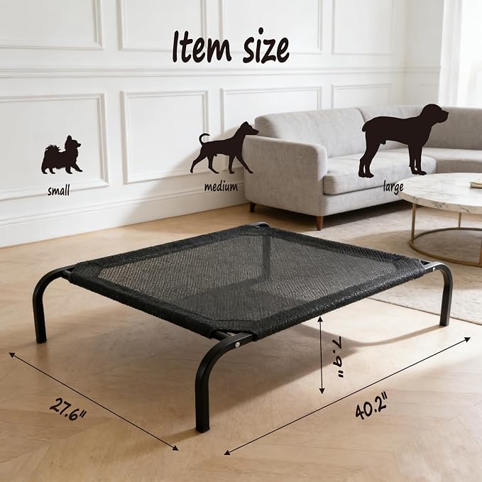 XCL Elevated Dog Bed for Large Dogs, Cooling Raised Dog Bed, Outdoor and Indoor Breathable Mesh Non-Slip Frame Pet Beds, Easy Clean, Installation, Equipped with Pet Cushion, 40In (Black, Large)