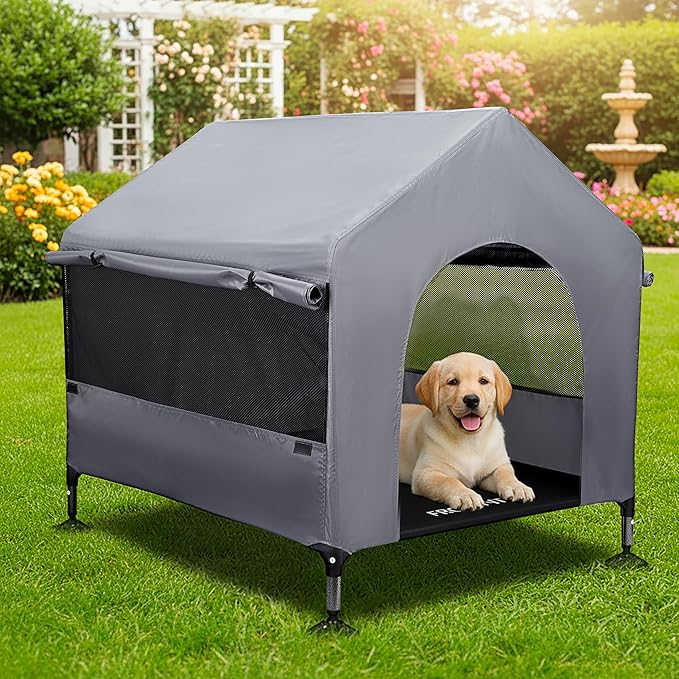 Dog House, 36” Large Dog House Outdoor Indoor Elevated Dog Cot Bed | 2-in-1 Outside Dog Tent Shade, Three-Sided Breathable Mesh Windows, Easy to Install, Waterproof Canopy, Non-Slip Feet
