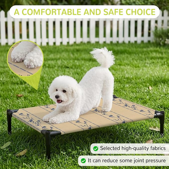 Outdoor Elevated Dog Bed for Medium Dogs, Khaki Flower Branch Breathable Cooling Raised Dog Cot for Indoor/Outdoor, Spring Summer Farmhouse Botanical Waterproof Elevated Pet Beds, M 24 x 20 in