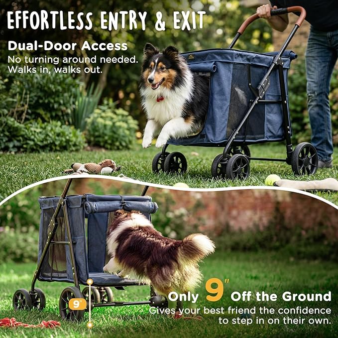 CANINE CANYON Scout Pet Stroller, Heavy Duty Dog Stroller for Large/Medium Dogs, Foldable Pet Stroller for 2 Small Dogs with All-Terrain Wheels, Storage Pocket & Cup Holder, 55 lbs Capacity, Navy Blue