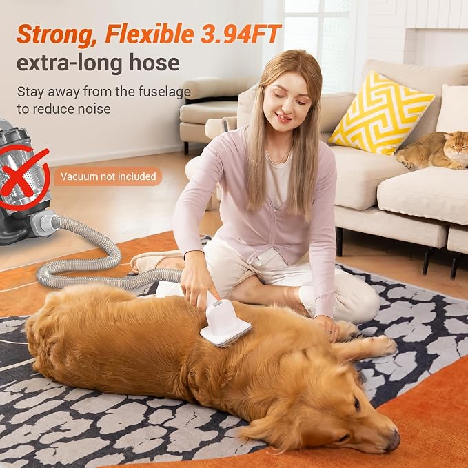 Afloia Dog Brush Vacuum Attachment - Pet Grooming Tool for Dogs & Cats (Vacuum Not Included), Compatible with 1-1.5" Round Port Vacuums (Dyson,Bissell,Eureka,Dirt Devil), with Extension Hose (White)