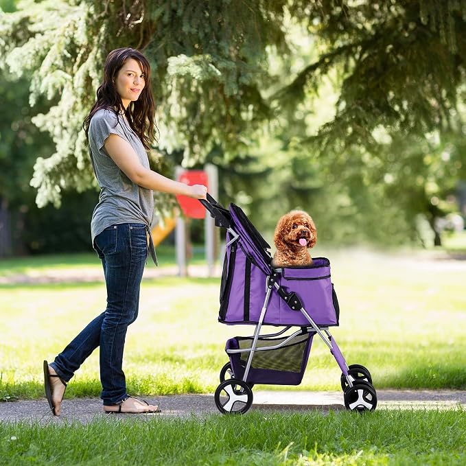 Pet Stroller for Medium Small Dogs - Easy to Walk Folding Travel Carrier Strolling Cart with Cup Holder, Weather Cover and Storage Basket (Purple)