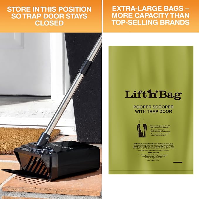Neater Pet Brands Lift N’ Bag 2.0 Dog Pooper Scooper with Bag Attachment & 31" Pole for Small to Large Dogs, New Longer Pole, 60 Refill Bags, Heavy Duty Dog Poop Scooper for Yard, One-Hand Use
