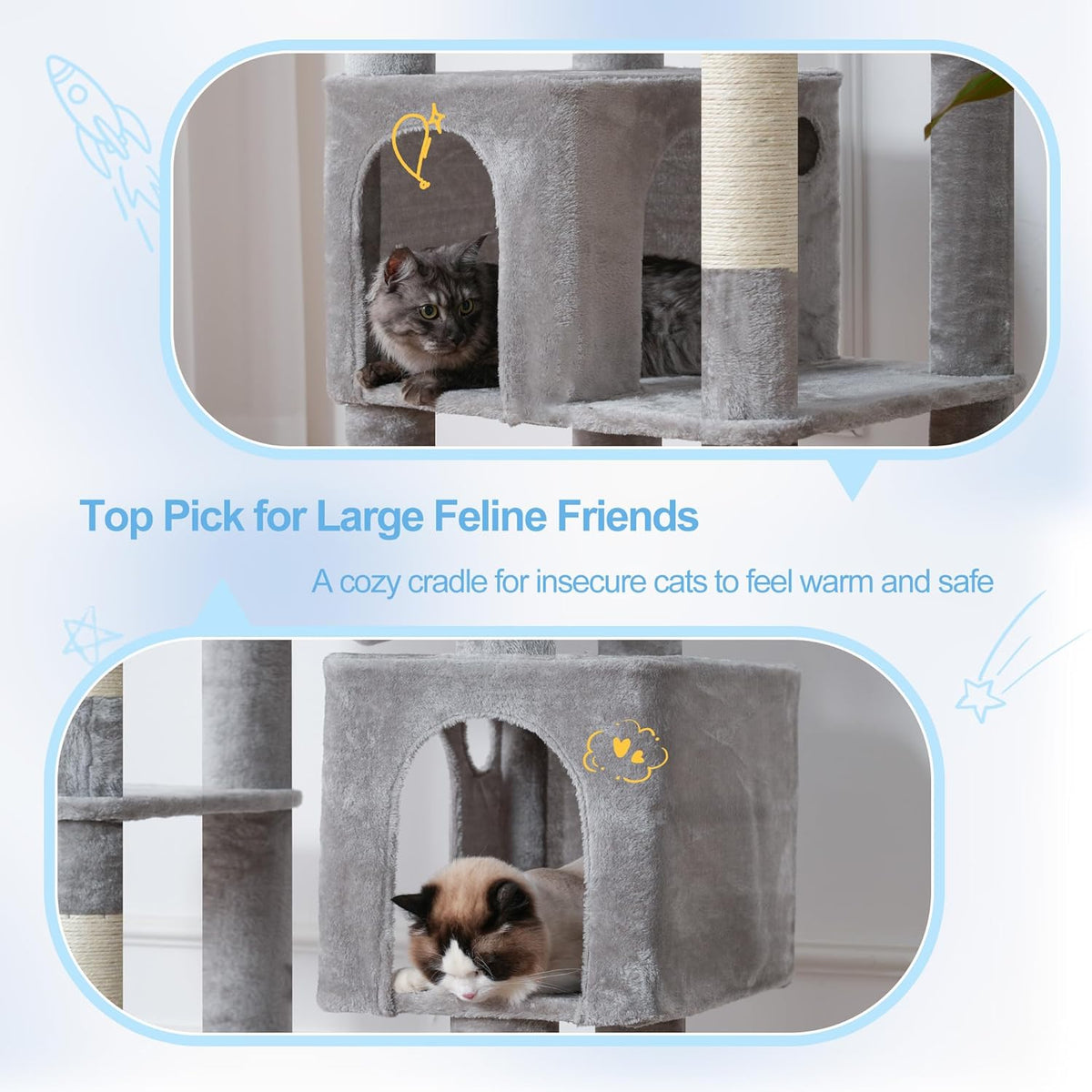 Hey-brother Tall Cat Tree Tower, Heavy Duty Scratching Posts with Large Platforms, Cozy Condos, Big Hammock, Toy Balls, Multi-Level Furniture for Indoor Adult Cats, 80.7 Inches, Light Gray MPJ039W
