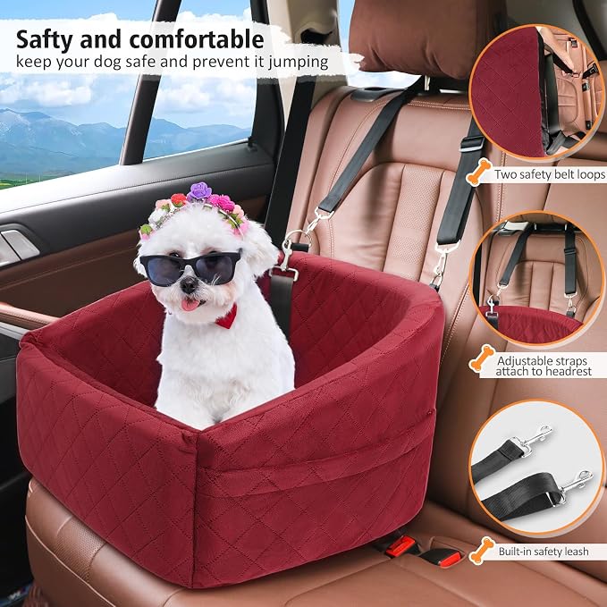 NEEZUKAR Dog Car Seat for Small Medium Dogs,Detachable Washable Dog Booster Seat Under 30lbs, Pet Car Seats Travel Bed with Storage Pockets and Safety Belt(Red)