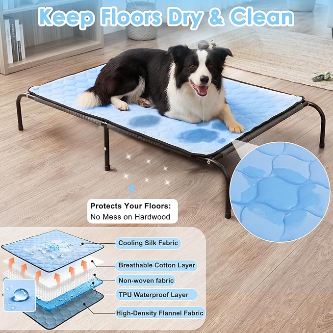 SZEE Elevated Dog Bed, Cooling Dog Cot Bed, Support Up to 100 LBS for Large Breeds, with Durable Steel Frame, Reversible Ice Silk Mat & Sturdy Teslin Mesh, Outdoor & Indoor All-Season Use - L