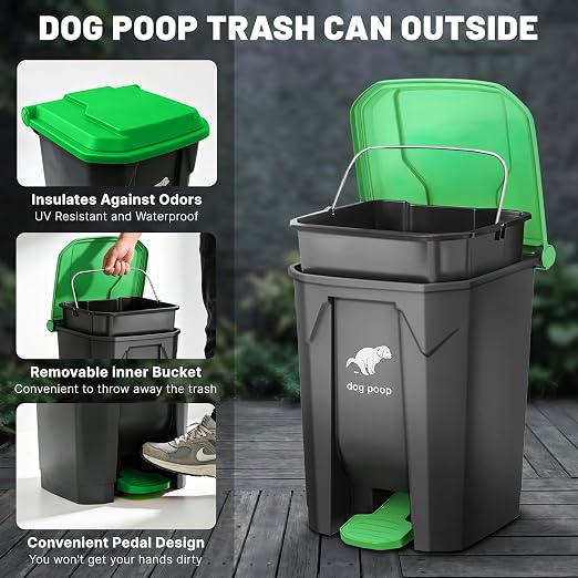 Dog Poop Trash Can Outside - 20L/5Gal Pooper Scooper Sets and Spade, Green | Outdoor Trash Can with Lid, Inner Bucket, Dog Poop Scooper Set, Metal Tray, Rake and Spade, 100 Trash Bags & Storage Box