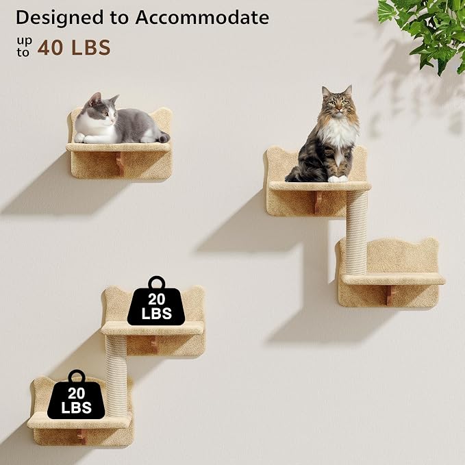 13-in-1 Cat Wall Shelves, Moon & Bridge Cat Wall Furniture, Beige | Wall Mounted Cats Shelf Set with Plush Fabric, Cat Climbing Systems for 16 Inch Drywall, Condo, Scratching Post, Space-Saving
