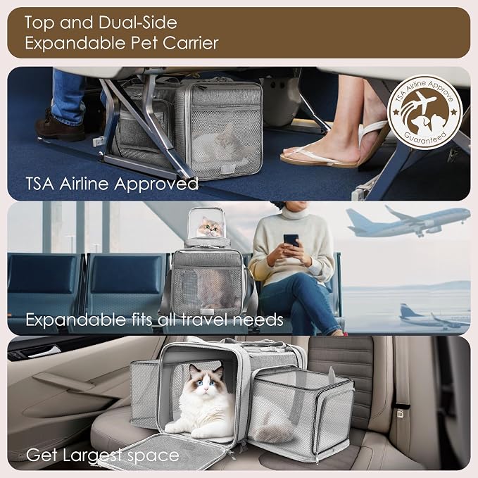 Top and 2 Sides Expandable Pet Carrier 17x11x9.5, TSA Airline Approved Small Dog Carriers for Small Dogs, Soft-Sided Cat Carrier with Self-Locking Zippers for Kitten,Rabbit, Puppy, Guinea Pig Grey