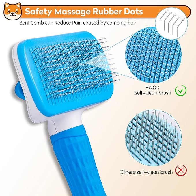 Dog & Cat Brush Kit 2PCS, Self Cleaning Slicker Brush for Pets, Upgraded Dog Brush for Shedding Massaging and Grooming, Removes Loose Undercoat & Portable Comb for Long Short Haired Dogs(Blue)
