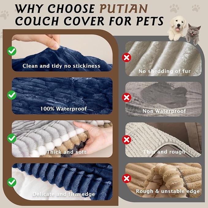 PuTian 100% Waterproof Fuzzy Couch Cover for Dogs Navy Blue 27.6"x59" | Pet Friendly Dog Mat for Couch, Waterproof Sofa Protector, Scratch Resistant Furniture Cover for Dogs, Machine Washable