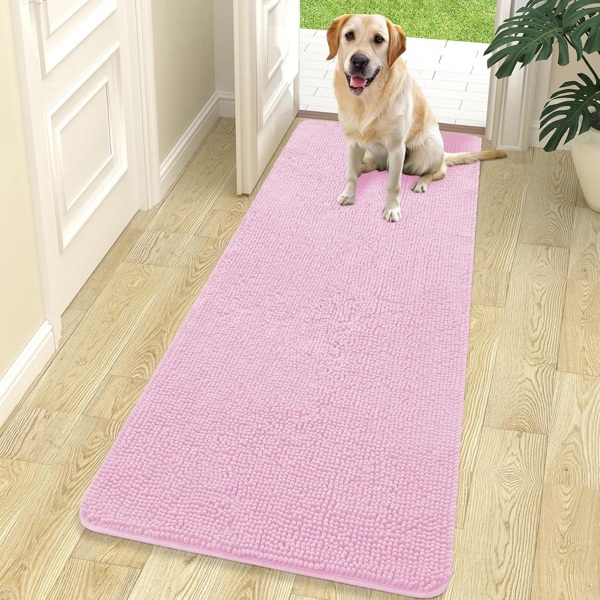 OLANLY Dog Door Mat for Muddy Paws 70x24, Absorbs Moisture and Dirt, Absorbent Non-Slip Washable Doormat, Quick Dry Chenille Mud Mat for Dogs, Entry Indoor Entryway Carpet for Inside Floor, Pink