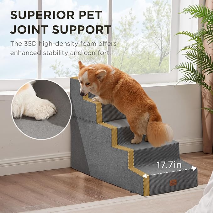 Joydeco Dog Stairs for Bed 25" H, 5-Step Pet Steps for Small Dogs and Cats, Dog Steps for High Bed, Non-Slip Balanced Ramp Indoor Pet Stairs, Gray