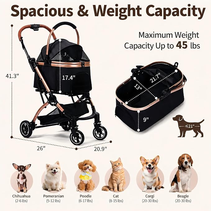 Dog Strollers for Small Medium Dogs and Cats 45 lbs, 3-in-1 Pet Stroller with Removable Carrier, 4 Wheels One-Hand Fold Travel Carriage with Storage, Cup Holder and Car Seat, Black