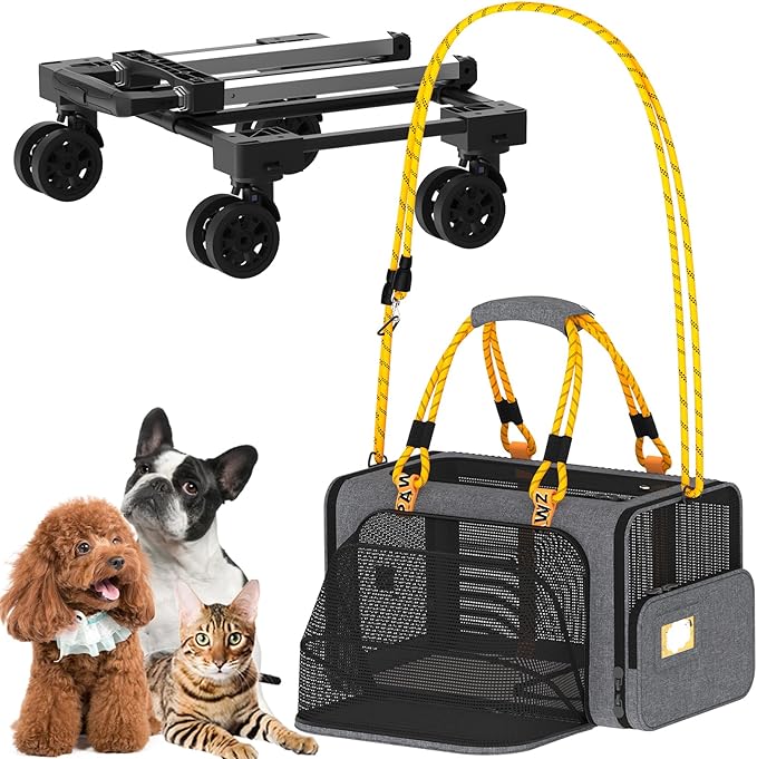 PAWZIDEA Expandable Pet Carrier with Wheels, 18"x11"x11" TSA Airline Approved Cat Carrier for 2 Cats Under Seat, Collapsible Soft-Sided Small Dog Rolling Travel Bag with Telescopic Handle, Up to 18lbs