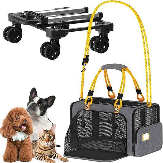 PAWZIDEA Expandable Pet Carrier with Wheels, 18"x11"x11" TSA Airline Approved Cat Carrier for 2 Cats Under Seat, Collapsible Soft-Sided Small Dog Rolling Travel Bag with Telescopic Handle, Up to 18lbs