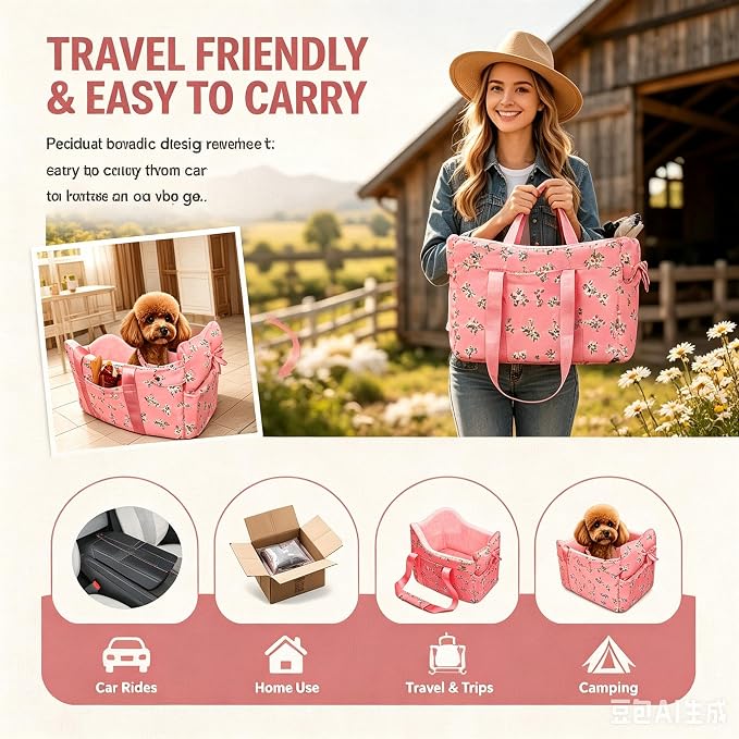 Console Dog Car Seat for Small Dogs Up to 11 Lbs, Pink Daisy | Portable Armrest Booster With Soft Cushion Safety Belt
