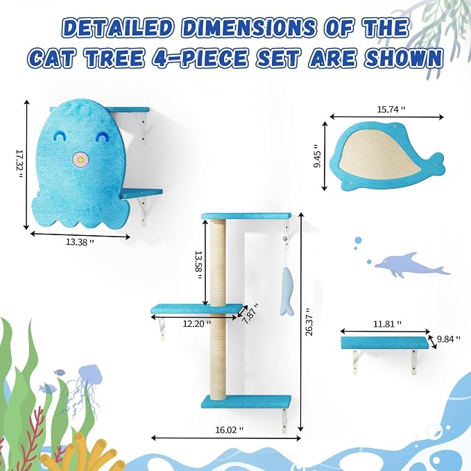 5 Pcs Wall-Mounted Climber Set, Wood Indoor with Shelves and Perches, Ladder, Condo House, Scratching Board and Tree, Wall Shelves Furniture for Cats (Ocean Blue)