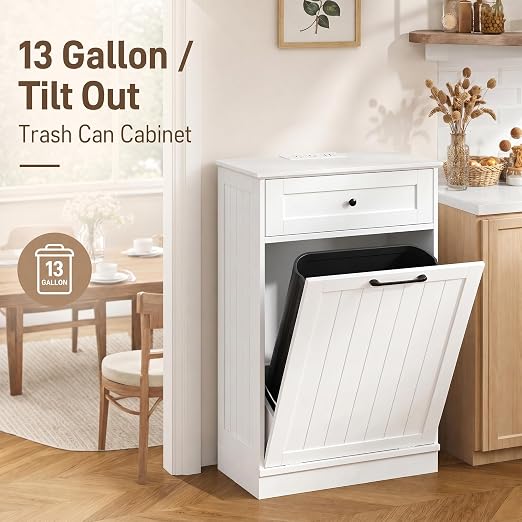 13 Gallon Tilt Out Trash Can Cabinet with Drawer, Hidden Trash Bin Storage | Cabinet with Drawers for Kitchen, Bathroom and Laundry Room