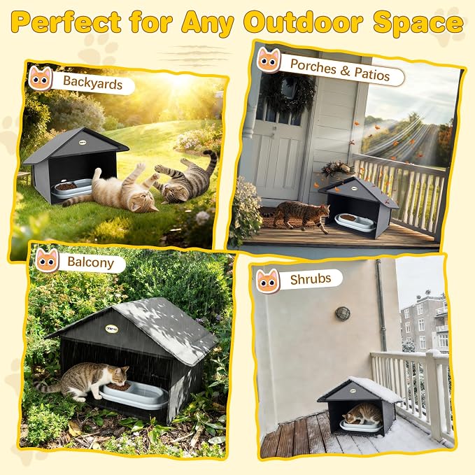 Weatherproof Outdoor Cat Feeding Station with 2 Bowls 32oz | Waterproof 3-layer Oxford fabric. Ant-proof bowls with moat. 17x16.5x12.6in. Tool-free assembly in minutes.