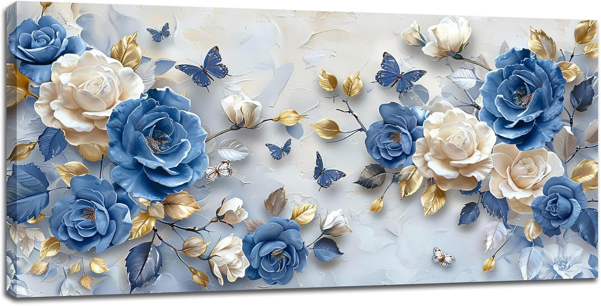 Large Flower Wall Art Canvas Living Room Floral Pictures Framed Prints Oversize Wall Decor Blue Butterfly Painting for Bedroom Dining Office Home 60"x30"