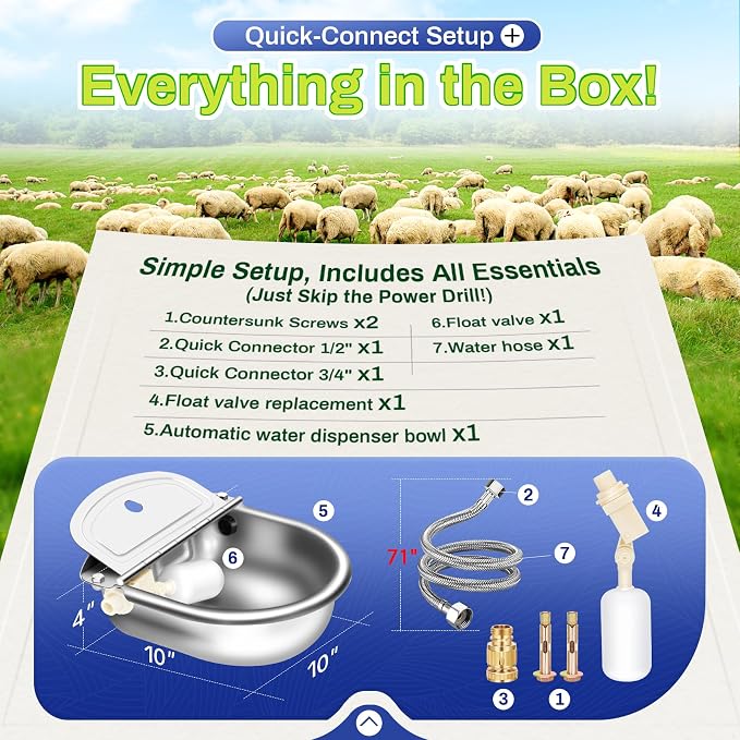 Automatic Animal Drinking Water Bowl with Float Valve, Extended Pipe,3L Stainless Steel Waterer Feeder Farm Dog Dispenser Kit Self Filling for Livestock Horse Goat Water Trough