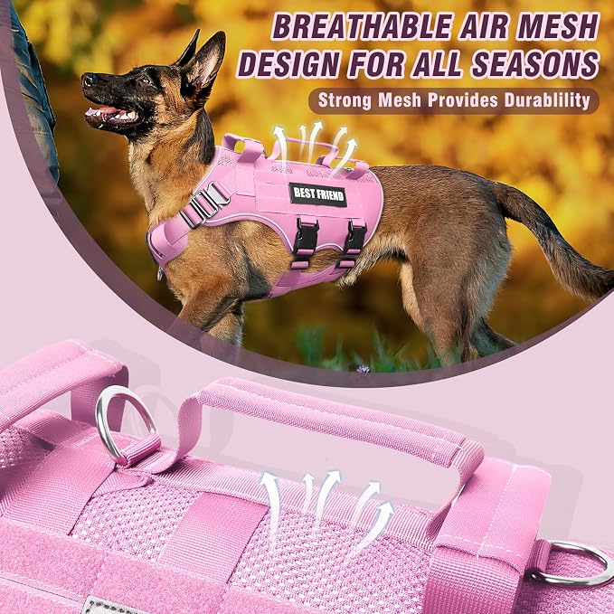Air Mesh Tactical Dog Harness with Metal Buckles&MOLLE,Pink Medium | Breathable Adjustable No Pull Service Dog Vest with 3 Padded Handles,Military Dog Harness for Training Hiking Hunting Working