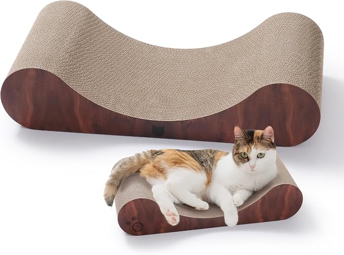 Necoichi Cardboard Cat Scratcher Bed for Indoor Cats - Cat Scratching Board, Horizontal Cat Scratch Pad Lounger with Reversible Usability and Extra Comfort for Lounge, Curved (Regular, Dark Cherry)