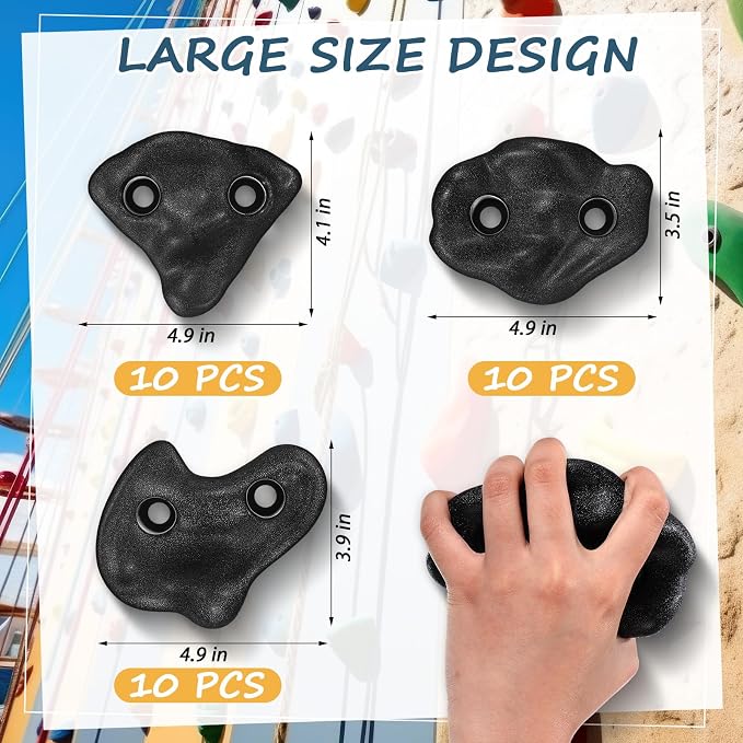 Soulchen 30 Pcs Rock Climbing Holds for Climber 3 Shapes Extra Large Rock Climbing Stone Wall Grips with Wrench, Screw for Indoor and Outdoor Playground Backyard Park (Black Classic Style)