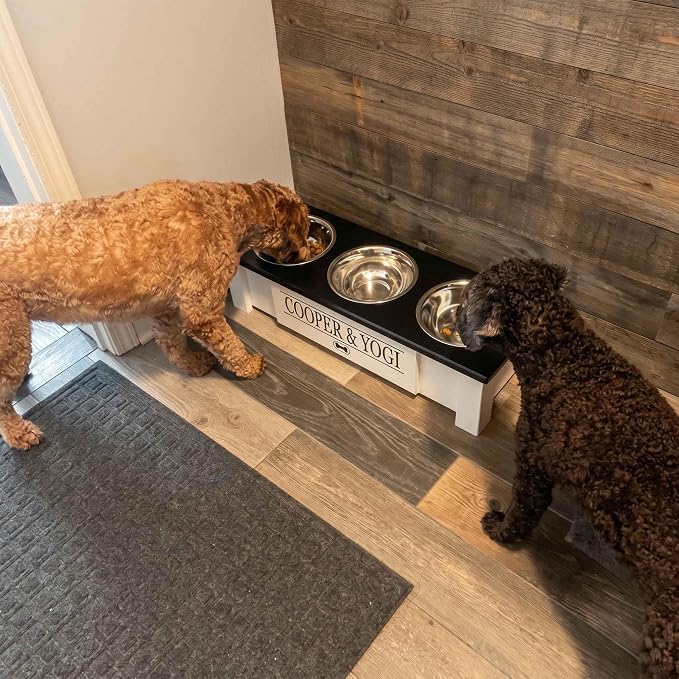 3 Bowl Dog Feeding Station, Personalized Triple Bowl Food Stand Small Dogs | Farmhouse Style, Elevated Wood Stand, Storage Container, Stainless Steel Bowls, Raised Feeder, Small Breed, Made in USA
