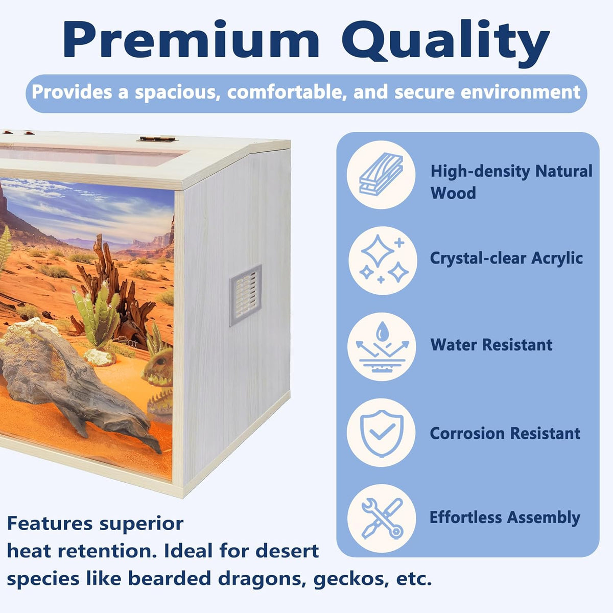 Prolee Reptile Terrarium, Lizard Tank Up to 68 Gallons, Bearded Dragon Tank with Roof Door, Snake Tank with Built-in Lamp Fixture and Switch (21 Gallon, 24" Long, Openable Wood Roof)