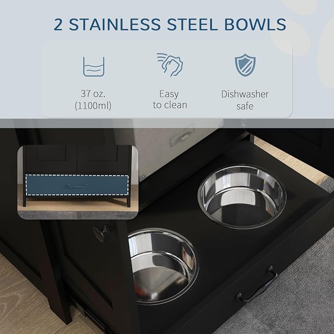 PawHut Pet Feeding Station Elevated Dog Bowls for Medium Sized Breed Black | Dog Food Storage Cabinet, Hidden Bowls, Adjustable Panel, Hooks